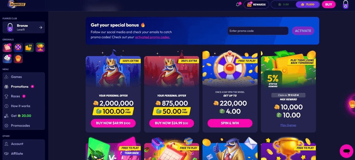 the free spins bonuses available at funrize sweepstakes casino